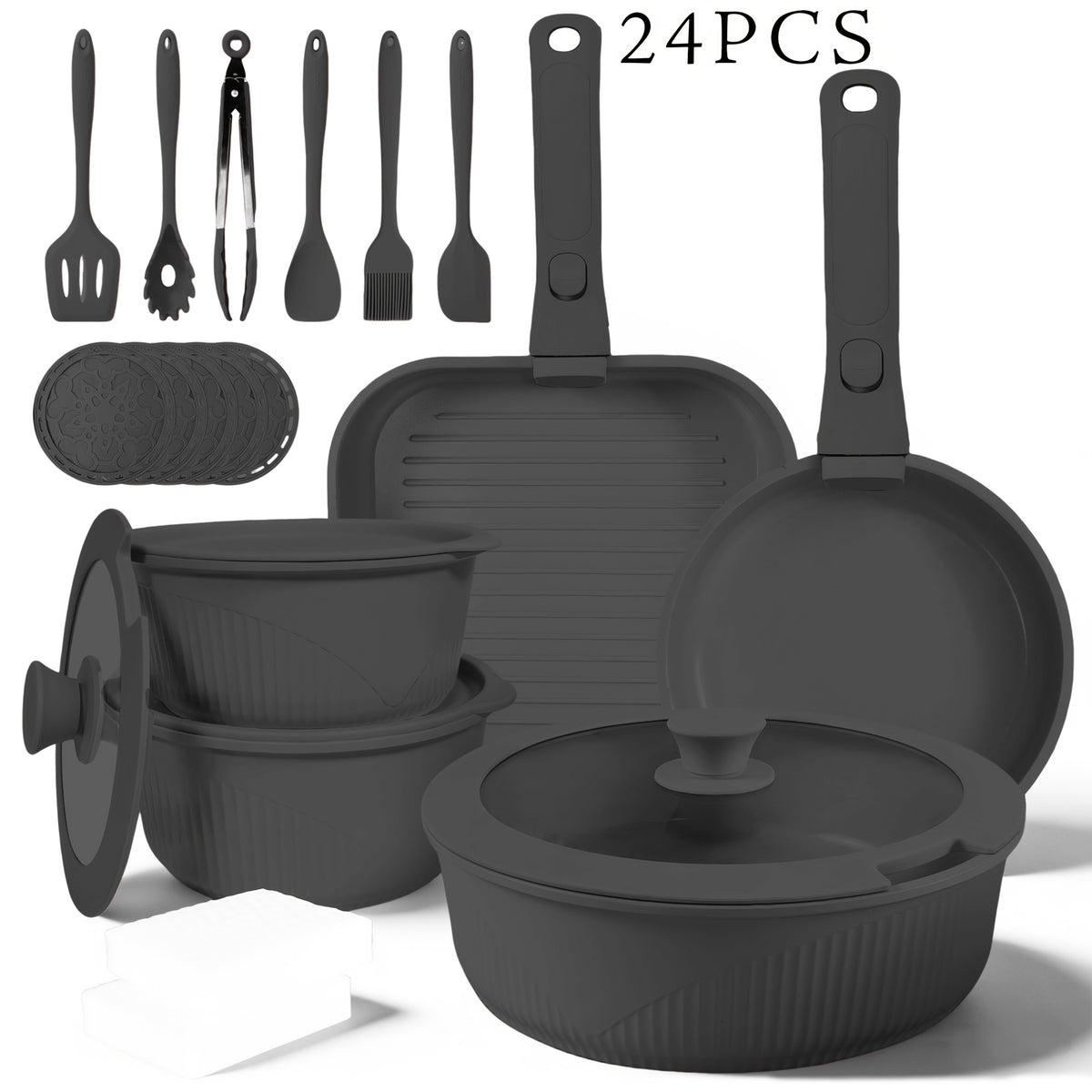 24pcs/7pcs/5pcs Cookware Set Non-Stick Pots & Pans Induction-Ready Kitchen Cookware Set Includes Skillet/Frying Pan/Soup Pot/Steak Pan Removable Handles Home & RV Kitchen Set Stackable Kitchen Accessories Easy To Clean Multiple Colors
