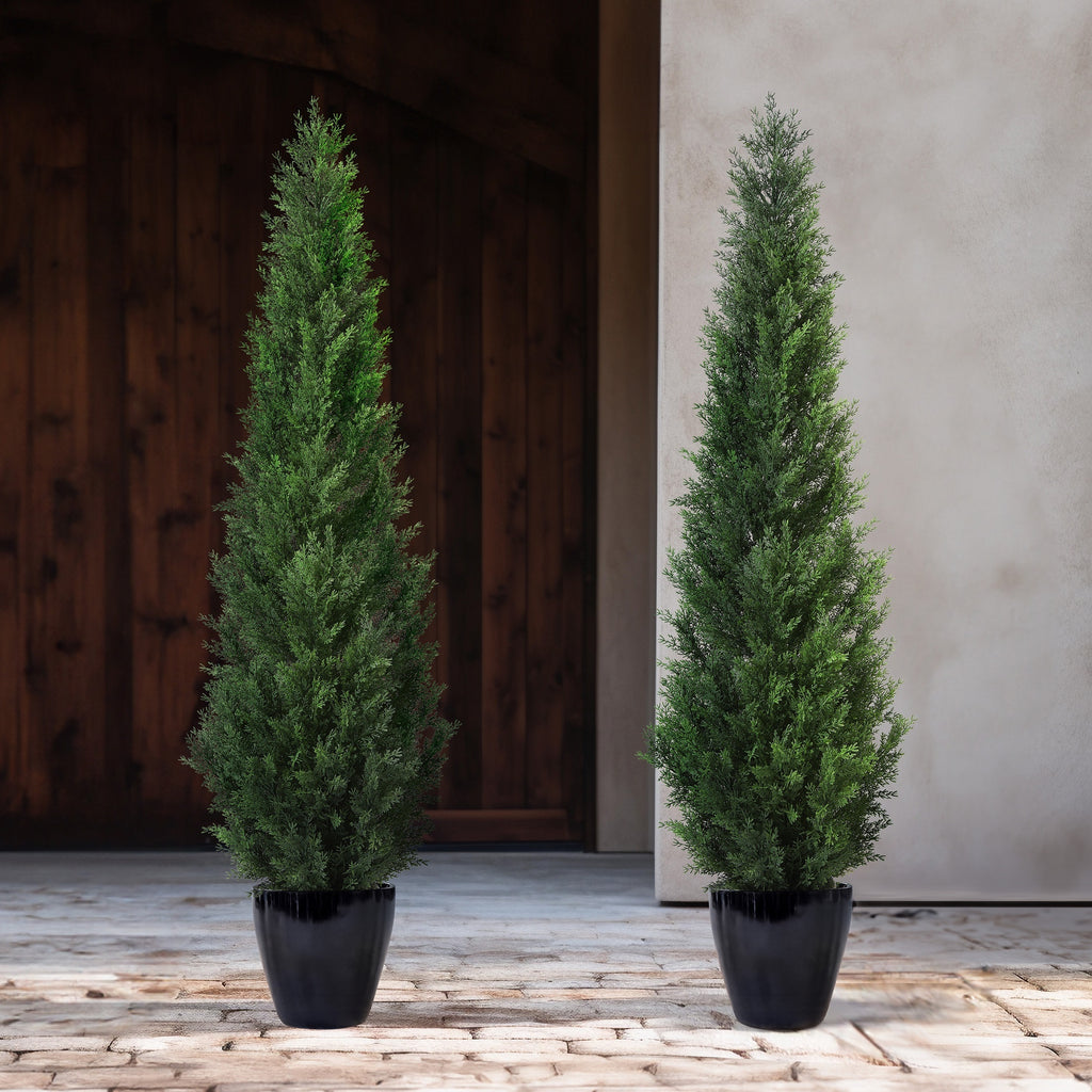 Outdoor Artificial Topiary Cedar Tree - 1pc/2pcs Fake UV Rated Potted Plants - 3/4/5FT Faux Pine Bushes And Shrubs For Front Porch Home Office Decor