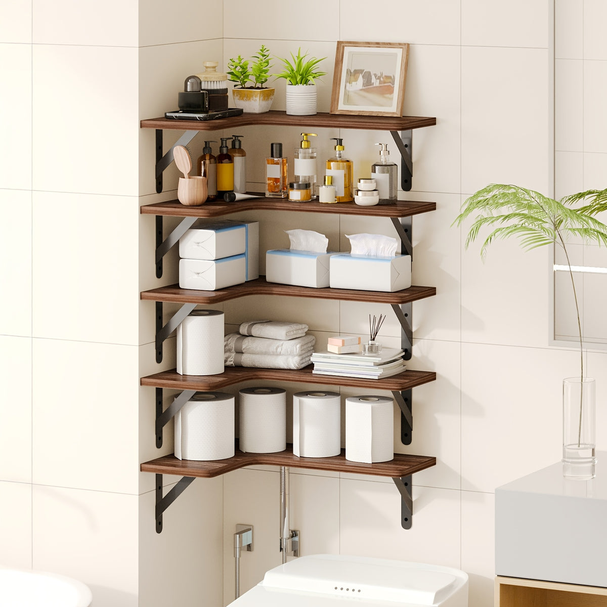 Rustic Wood Corner Floating Shelves, 5-Piece Color Options or 6-Piece Black Wall Storage Set for Bathroom, Kitchen, Bedroom and Living Room Displays