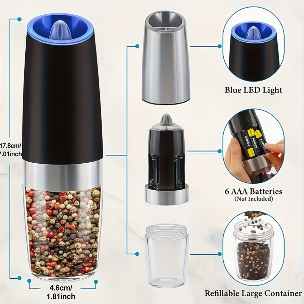 2pcs JIASLING Salt And Pepper Grinder Electric 2pcs Electric Battery Salt And Pepper Grinder Set Gravity Electric Salt And Pepper Grinder Set Salt And Pepper Shakers Set Large Capacity with LED Light Multiple Color Options Kitchen Gift