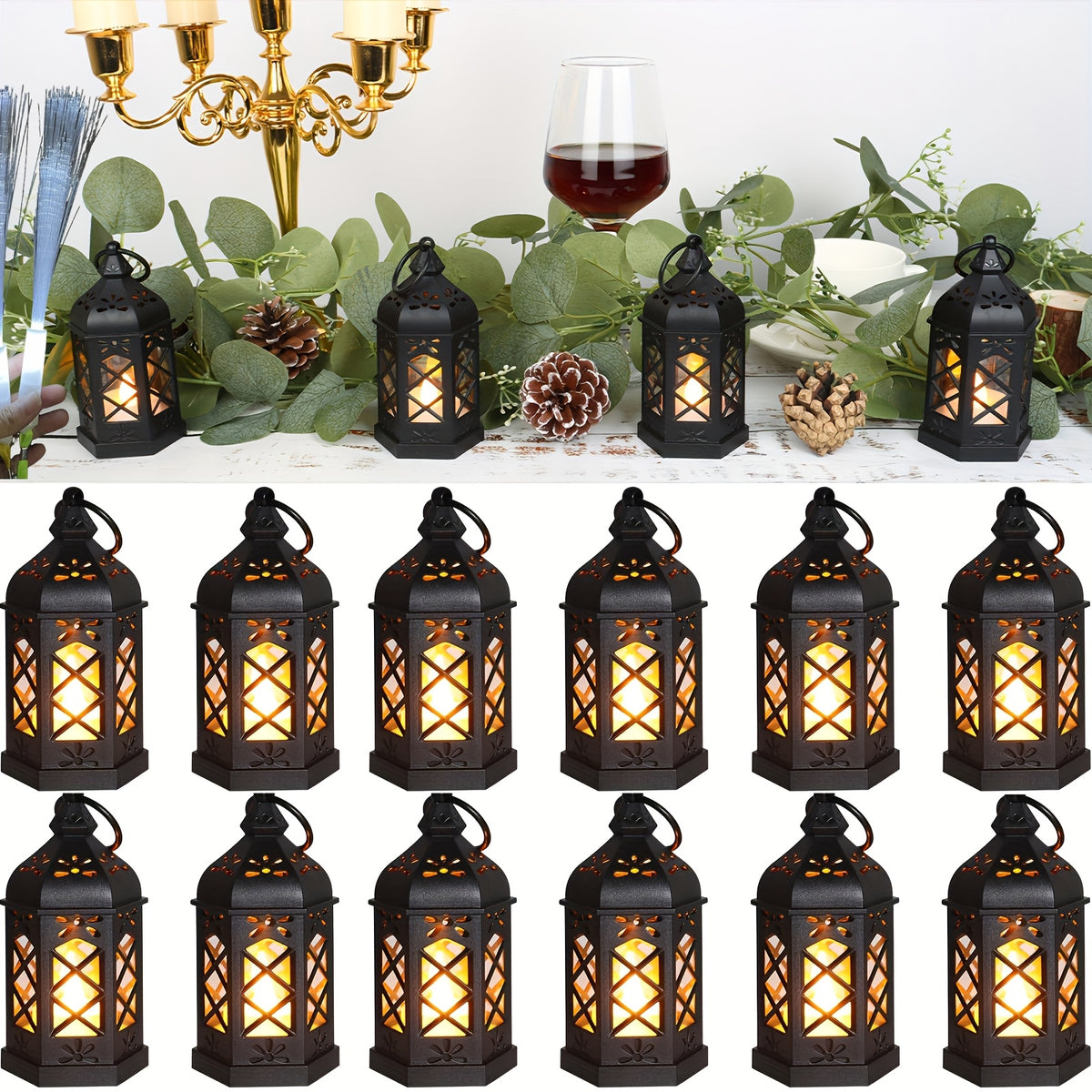 Set of 12 LED Lanterns, Decorative Candle Lanterns, Vintage Hanging Lanterns, Moroccan Style for Wedding And Christmas Decor, Halloween Decorations, And Table Centerpieces