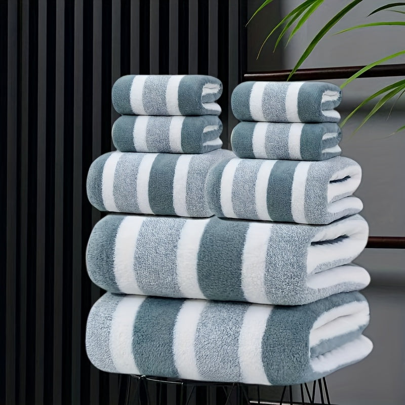 8pcs Lint-Free Super Absorbent Soft Five-Star Hotel Standard Two-Color Striped Spaced Bath Towel Set, Including 2 Large Bath Towels, 2 Medium Bath Towels And 4 Small Bath Towels, Wash Cloths