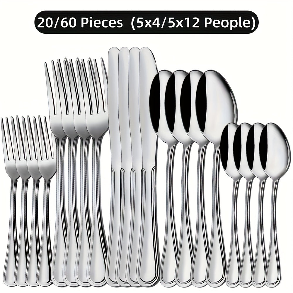 20/60pcs Stainless Steel Flatware Cutlery | Silverware for 4/12, Silvery, Mirror Polished, Dishwasher Safe | for Home Kitchen Restaurant Hotel, Perfect for Gifts And Weddings, The Best Gifts for Thanksgiving And Christmas
