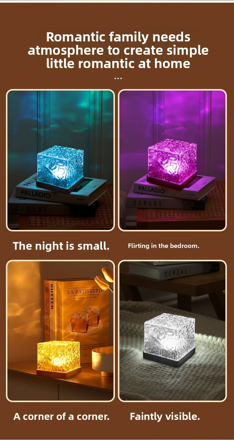 Ocean Wave Projector Light, 16-Color USB Plug-In Cube Lamp with Touch Switch for Water Ripple Bedroom Ambiance and Living Room Tabletop Decor