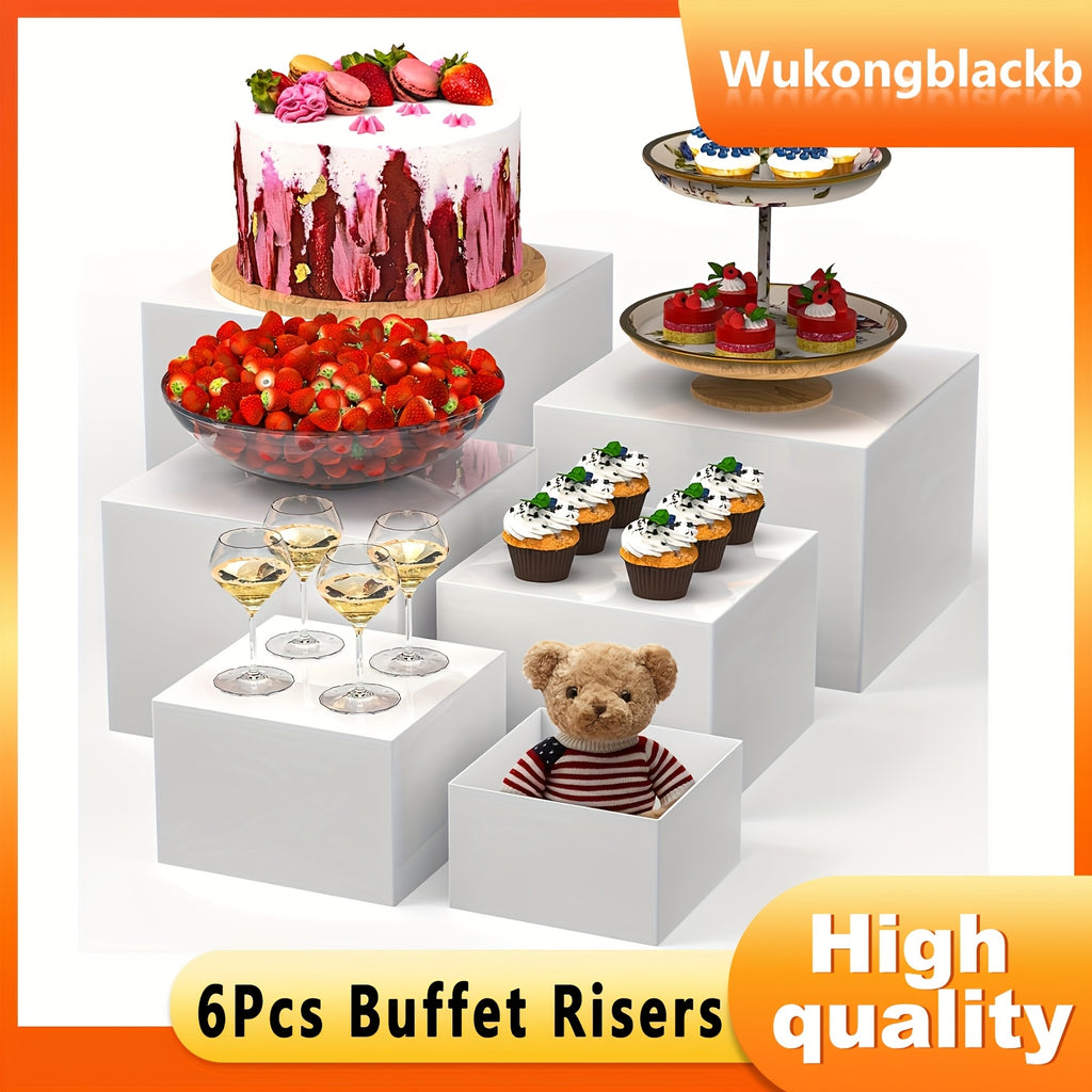 6pcs Buffet Risers, Food Risers for Buffet Table Display Stand Shelf for Party Catering Dessert Collectibles Acrylic Cube Boxes Display with Hollow Bottoms White Set, (3", 4", 5", 6", 7", 8", 9", 10")
