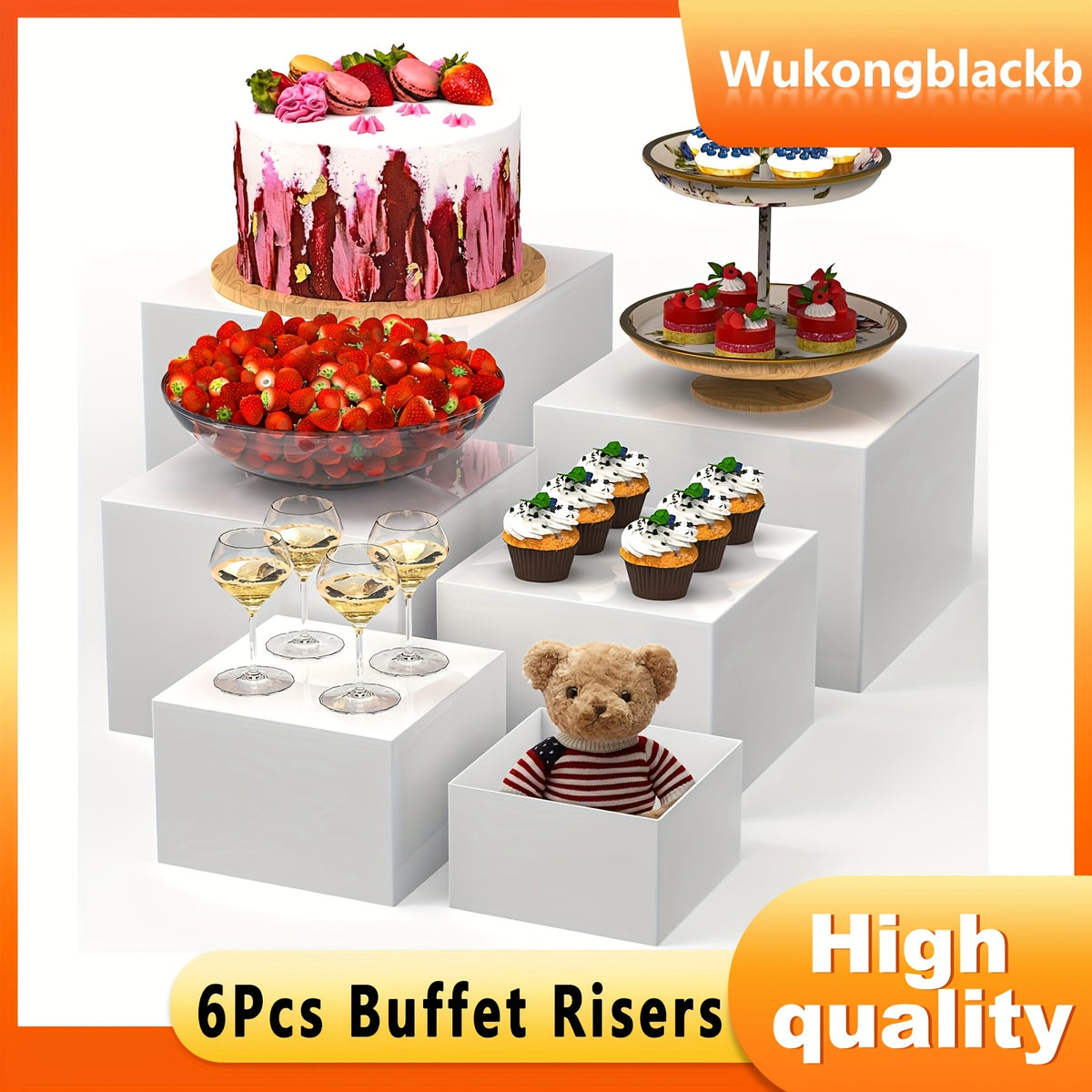 6pcs Buffet Risers, Food Risers for Buffet Table Display Stand Shelf for Party Catering Dessert Collectibles Acrylic Cube Boxes Display with Hollow Bottoms White Set, (3", 4", 5", 6", 7", 8", 9", 10")