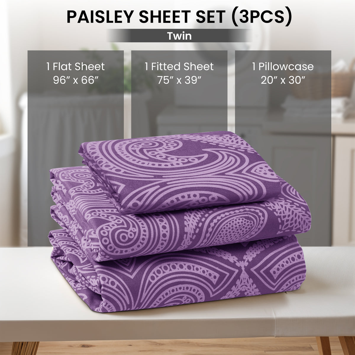Paisley Bed Sheet Set, Soft Double Brushed Microfiber Bedding with 16-Inch Deep Pocket Fitted Sheet and Pillowcases in Six Sizes for Bedroom Comfort