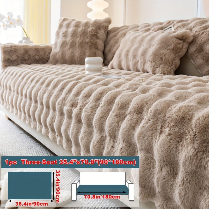1pc Faux Rabbit Plush Sofa Cover, Winter Warm Thickened Plush Soft Sofa Cover, Pet Favorite, Dog Friendly Sofa Cover, Cushion Protection Cover, Anti Slip Sofa Furniture Protection Cover, Bedroom, Office, And Living Room Decoration Local Warehouse