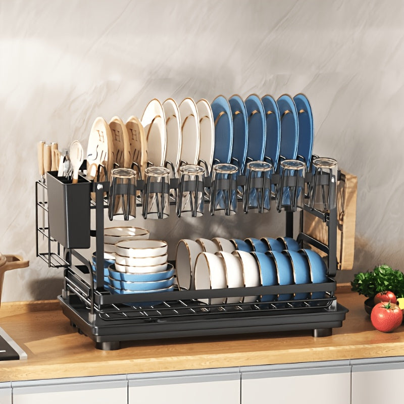Two-tier Metal Kitchen Countertop Dish Rack Is Space-saving And Durable. It Comes with A Knife And Fork Holder, A Cup Rack, A Cutting Board Holder, And A Rust-proof Draining Tray. It Organizes Your Tableware And Helps Keep Your Kitchen Neat And Tidy.