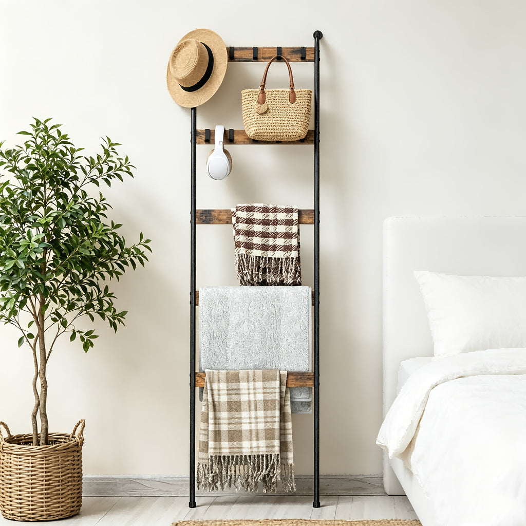 Blanket Ladder, 5 Tier Blanket Holder with 10 Removable Hooks, Farmhouse Style Blanket Ladder for Living Room Bathroom, Decorative Wall Mounted Wooden Quilt Standing Towel Drying Storage Rack