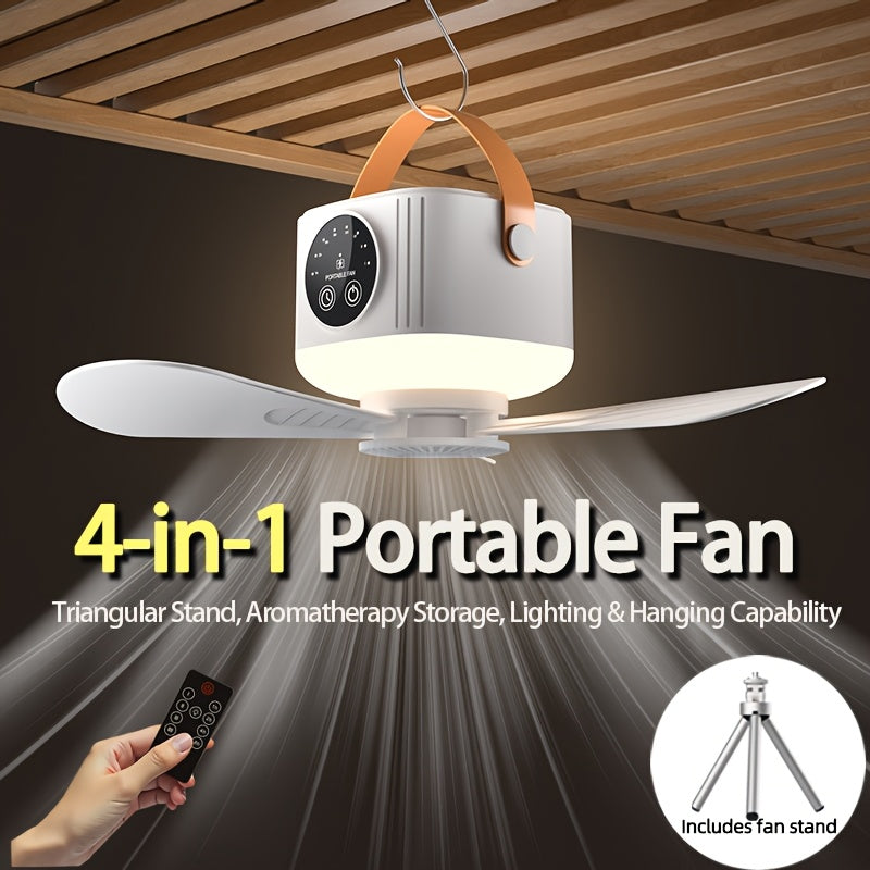 Portable Camping Fan With Light, Available With Or Without Tripod | Quiet USB Rechargeable Fan With Remote, Adjustable Speed & Brightness | Long Life Outdoor Tent Fan For Bedroom, Dorm, Travel