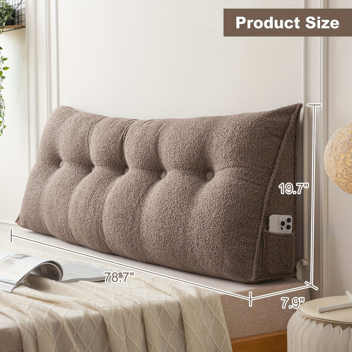 Headboard Reading Pillow, Triangular Teddy Velvet Backrest Cushion with Side Pocket and Removable Washable Cover for Twin, Queen and King Beds
