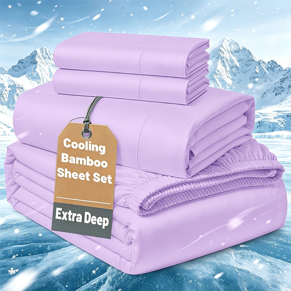 Cooling Bamboo Bedding Set with Flat Sheet, Deep Pocket Fitted Sheet and Pillowcases, Soft Breathable Sheets in 13 Colors for Twin Full Queen King