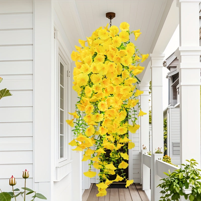 4 Bundles Artificial Flowers, Outdoors Decoration, Hanging Morning Glory, Colorful Outdoor Artificial Flowers UV Resistant Fake Flowers Greenery Shrubs Plants for Front Porch Window Box Hanging Garden Home, for Thanksgiving, Christmas, Mother'S Day
