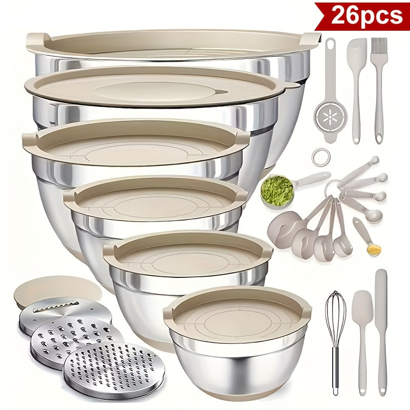 Mixing Bowls with Airtight Lids, 26pcs Stainless Steel Bowls Set, 3 Grater Attachments & Black Non-Slip Bottoms Size 7, 4, 2.5, 2.0, 1.5, 1QT, Great for Mixing & Serving