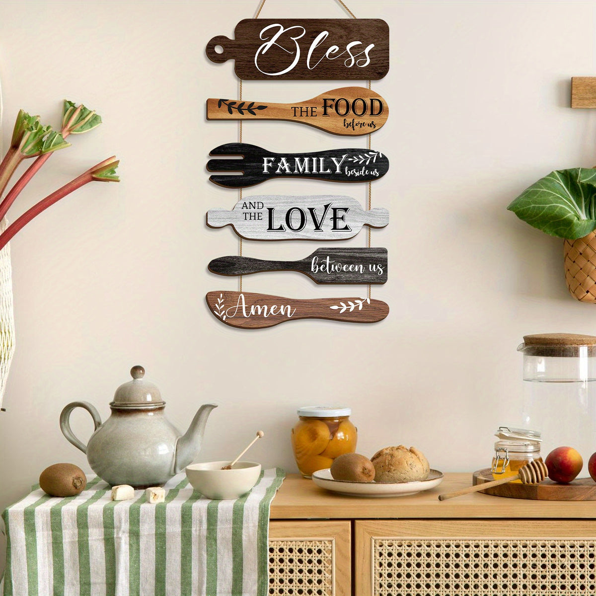 6 Pieces Bless The Food Before Us Farmhouse Kitchen Wall Decor Wood Board Set - Dining Room Decor Hanging Wall Art, Simple Rustic Style - Wood Rope Plaque Sign