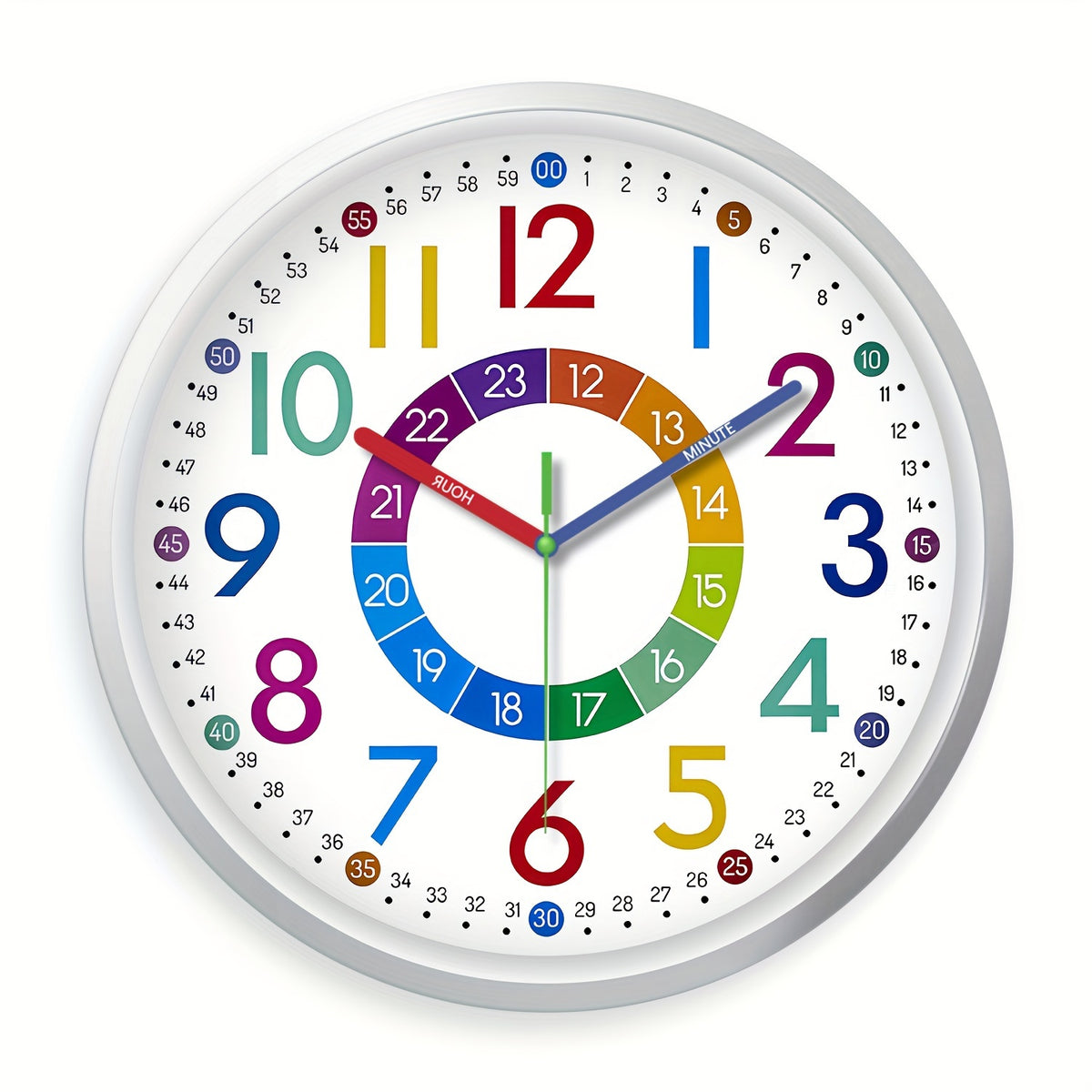 8-12 Inch Color Learning Wall Clock, Learn How to Tell The Time, Japanese Silent Quartz Movement, Plastic Frame, AA Battery Powered, Suitable for Bedroom, School, Teacher Decoration, Educational Teaching Auxiliary Supplies, Holiday Gift