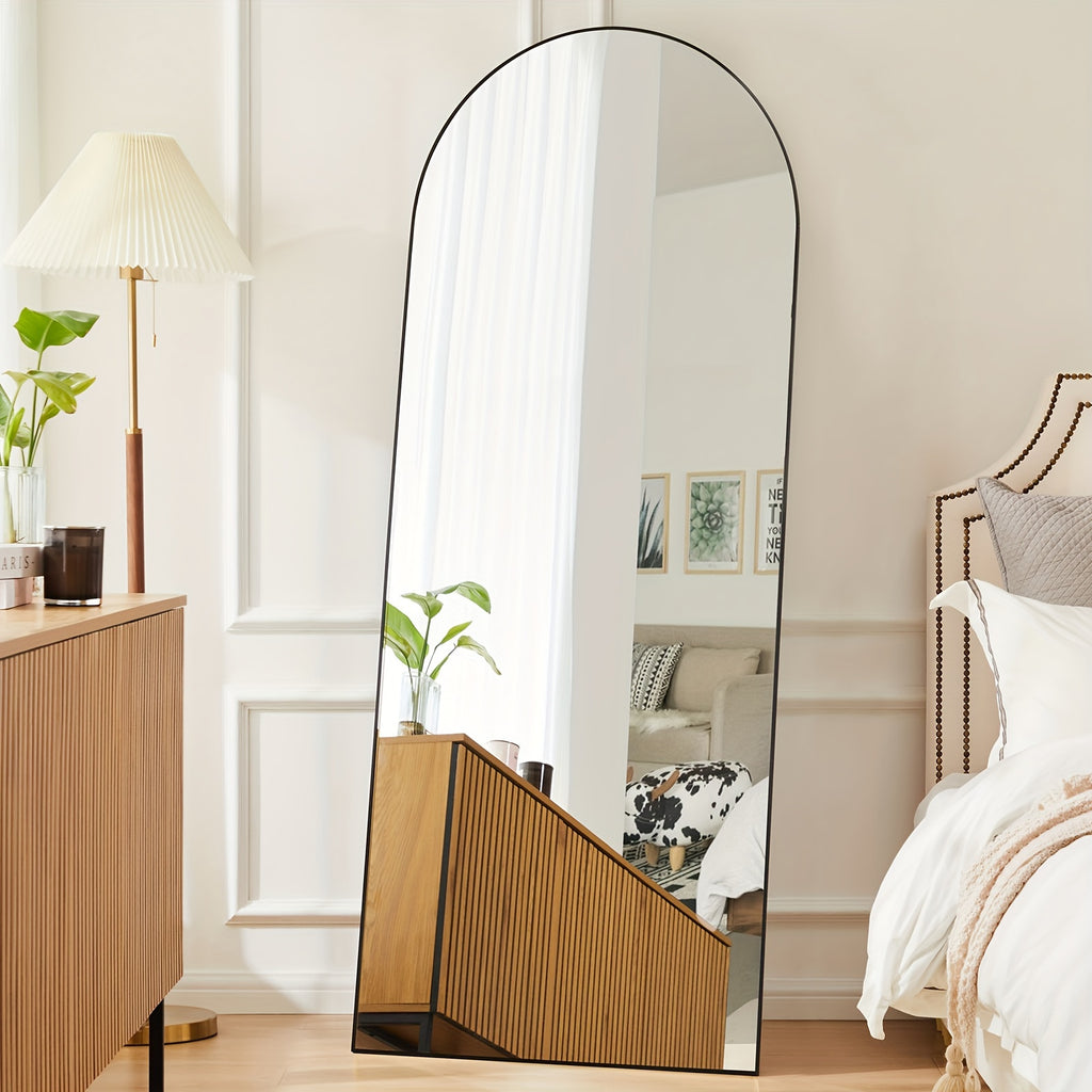 Arched Full Length 64" X 21"/ 59"x16"Mirror With Stand, Floor Mirror With Aluminum Alloy Frame For Bedroom, Standing Full Body Mirror With Shatter-Proof Nano Glass For Wall, Living Room, Cloakroom