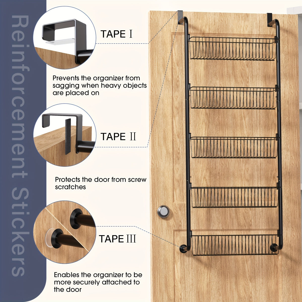 Metal Over Door Pantry Rack, 6 or 8 Tier Hanging Storage Organizer in Black or White for Spices, Packaged Foods, Bathroom Essentials and Laundry Supplies