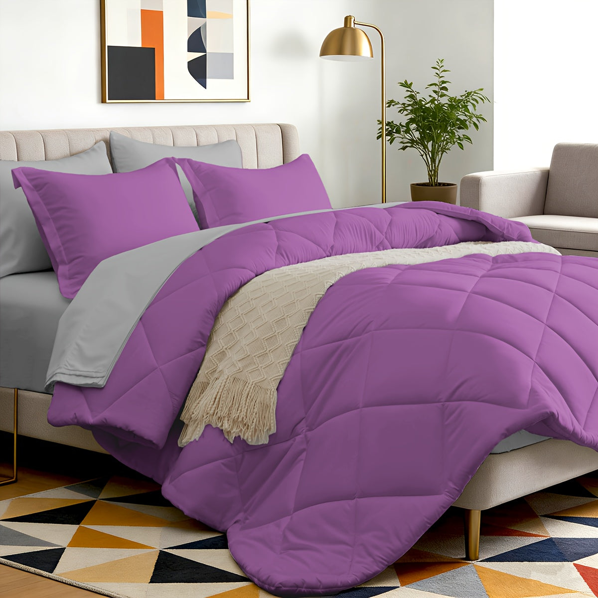 5/7pcs Luxurious Double-sided Checked Pattern Comforter Set-Breathable-Ultra Soft Fluffy Fiber Filling, Warmth for All Seasons-Bed In A Bag with Comforter, Flat Sheet, Fitted Sheet, Pillowcases, And Pillowshams, Family Gift Set, Random Color
