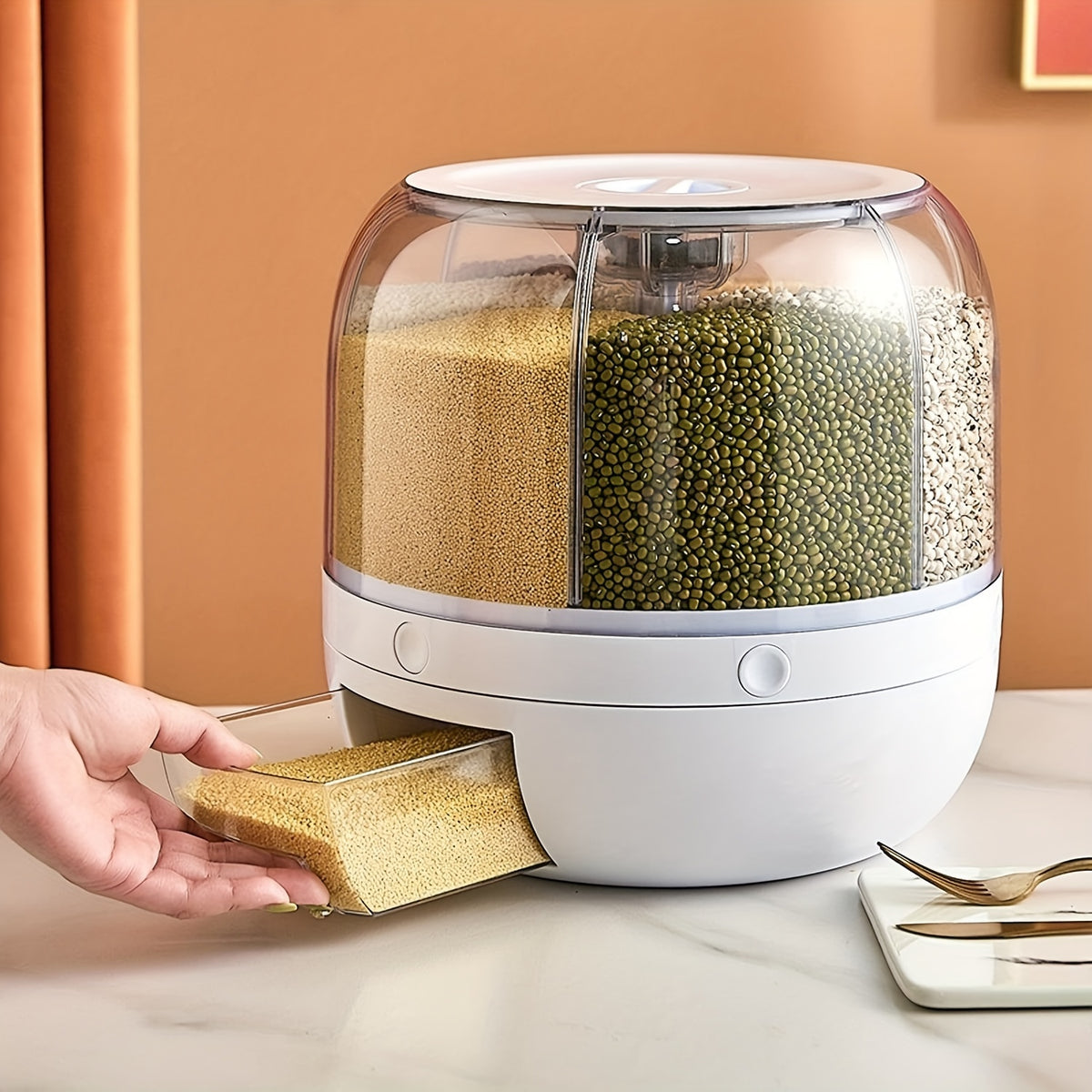 Grain Storage Container Dispenser, 19Lbs Rice Dispenser Rotating, 360° Rotating Food Dispenser One-Click Output Rice Storage Round Grain Dispenser Kitchen For Small Grains, Beans, Rice