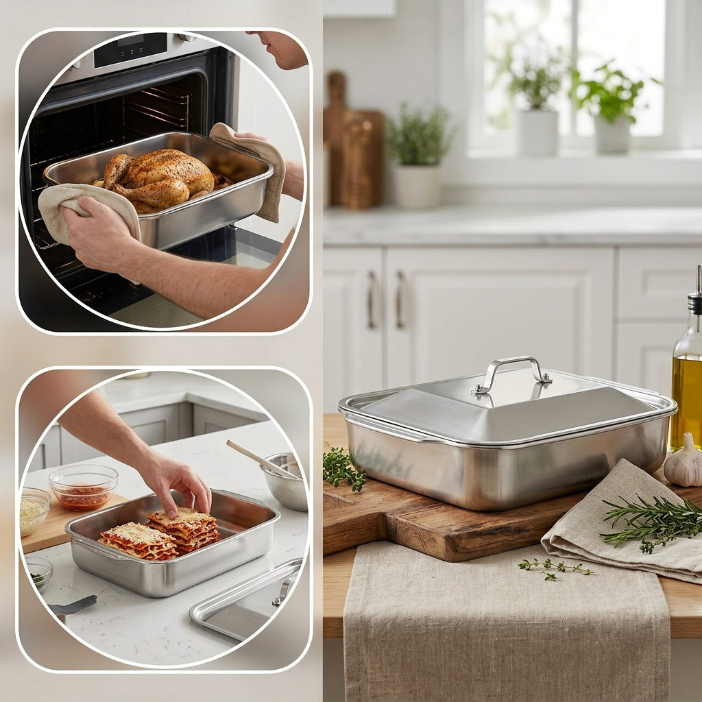 2pcs Stainless Steel Rectangular Baking Pans with Steel Lids - 6-liter Large Capacity, 16.14-inch Deep Baking Pan, Fish Pan, Grill Pan, Lasagna Pan, Chicken, Dishwasher Safe, Men's Gift, Father's Day