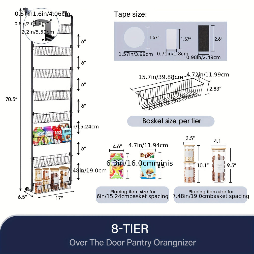 Metal Over Door Pantry Rack, 6 or 8 Tier Hanging Storage Organizer in Black or White for Spices, Packaged Foods, Bathroom Essentials and Laundry Supplies