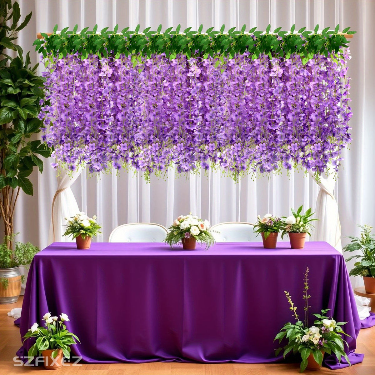 24 Pack (Total 90 Feet) Artificial Fake Wisteria Vine Rattan Hanging Garland Flowers String Home Party Wedding Decor (24, Purple)