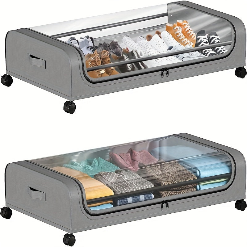 2pcs Under Bed Storage Organizer Metal Underbed Bins With Wheels And Lid Metal Underbed Storage Containers Under Bed Rolling Storage For Clothes, Bedding, Shoes, Blankets, Books, Under-Bed Storage