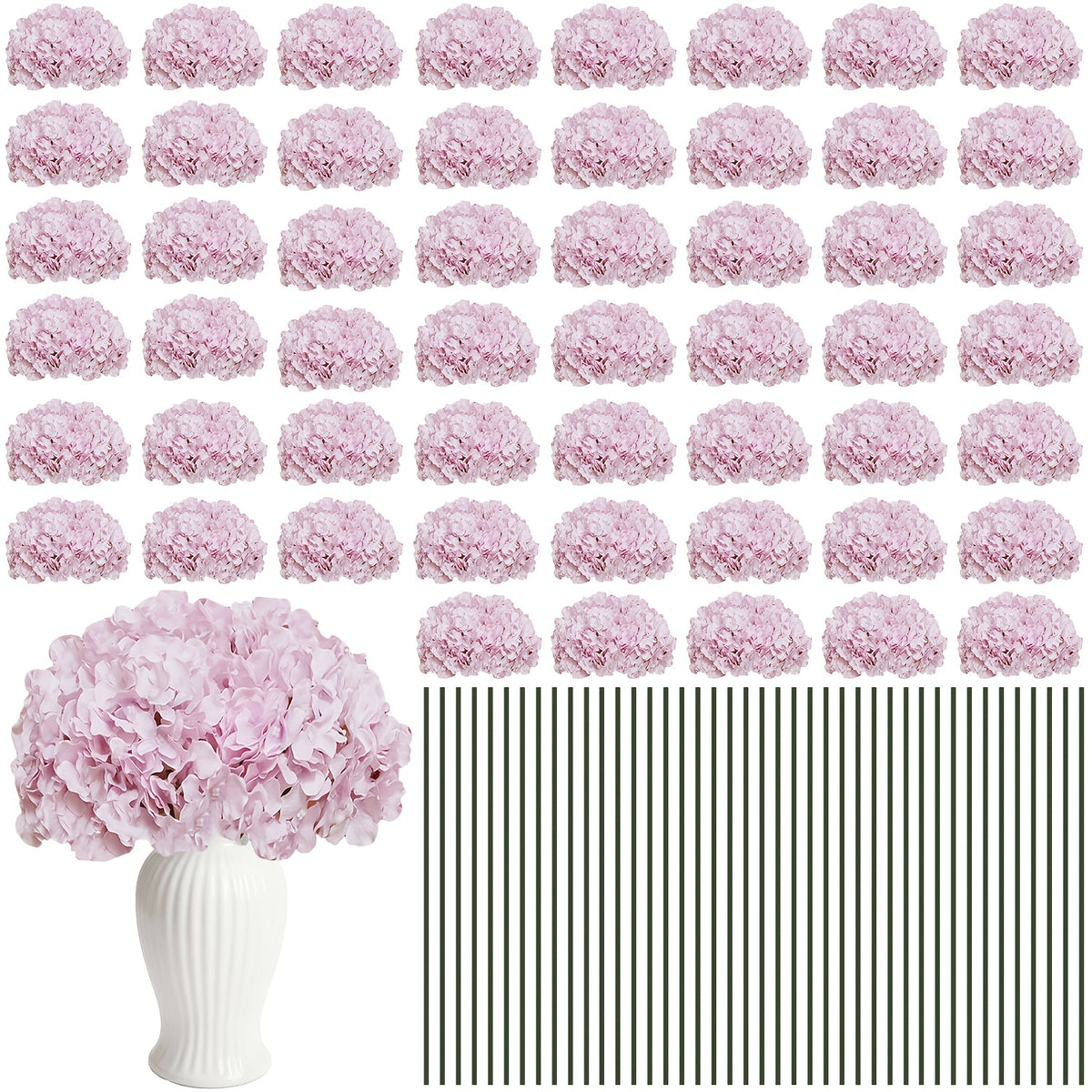 Set of 24 Synthetic Hydrangea Blooms with Stems, Ideal for Wedding Decorations, Home Parties, Baby Showers, And Store Displays. These Floral Arrangements Are Long-Lasting And Can Be Reused, Available in White, Orange, Blue, Dreamy Purple, Champagne