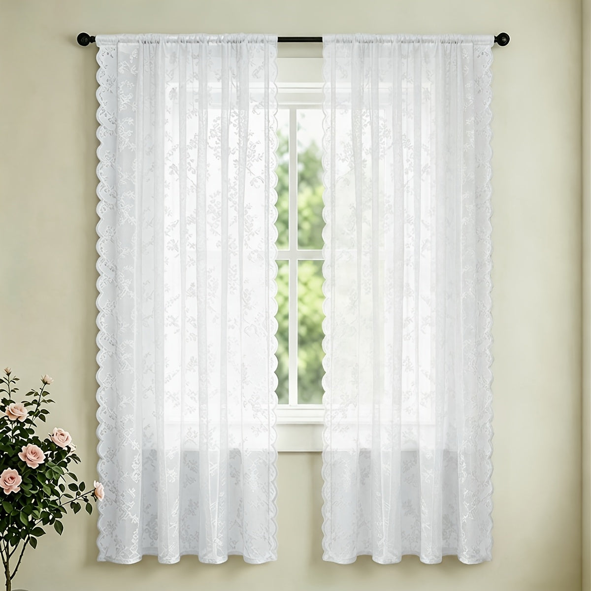 Set of Two White Lace Curtains with Floral Designs, Featuring a Bohemian Style And Semi-Transparent Fabric That Filters Sunlight. Suitable for All Seasons