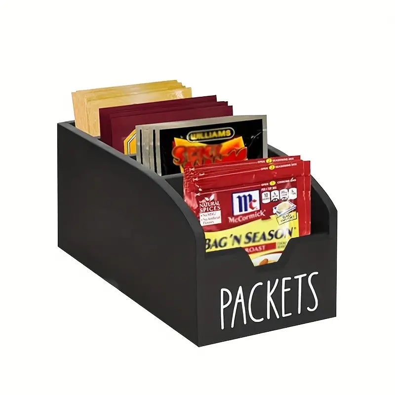 Divided Wooden Spice Box, Vintage Rustic Packet Organizer in Black or Brown with Single and 2-Piece Options for Kitchen Counters and Packaged Snacks