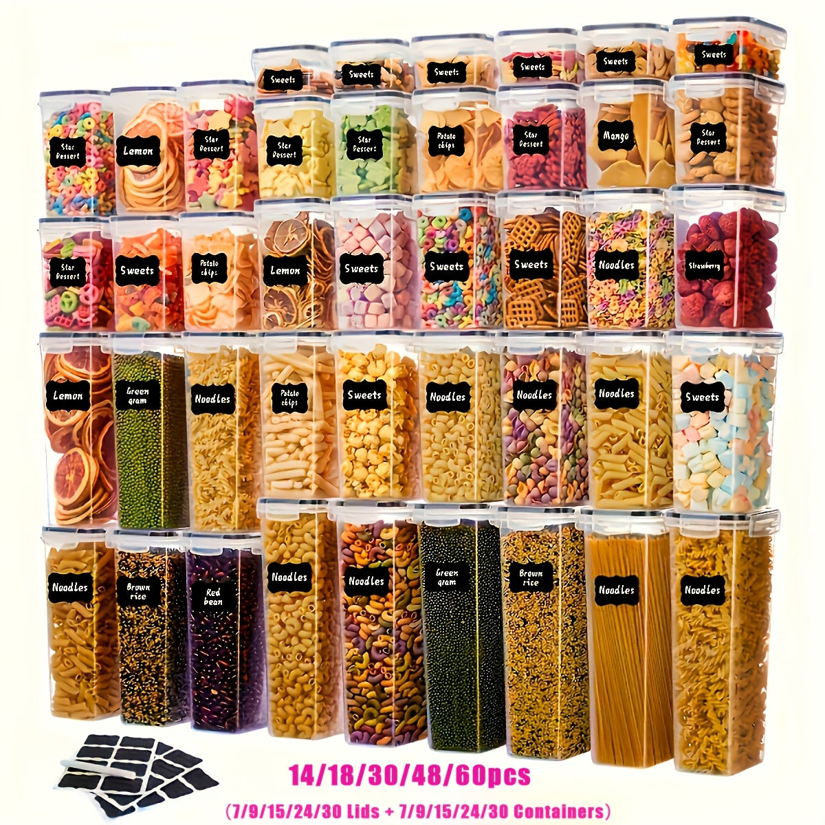 14/18/30/48/60/84pcs Airtight Food Storage Containers with Lids, BPA Free Plastic Kitchen Storage Containers for Rice, Spaghetti, Cereal, Pasta, Flour And Sugar Containers, 7/9/15/24/30/42 Lids+7/9/15/24/30/42 Containers Kitchen Additions