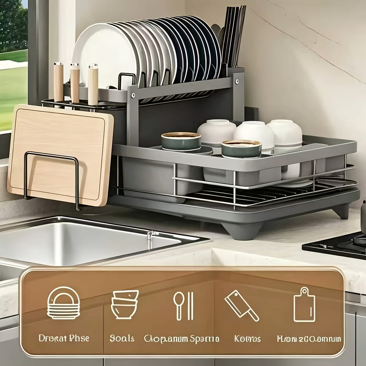 Dish Drying Rack, 2-Tier Dish Racks for Kitchen Counter, Dish Rack with Drainboard & Mat, Dish Drainer with Knife, Fork & Cup Rack, Gifts for Women, Mothers Day, Cool Stuff & Kitchen Gadgets