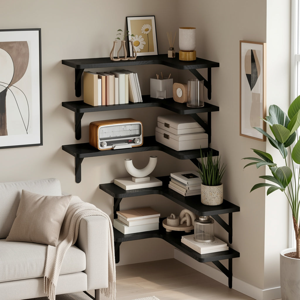 Corner Floating Shelf Set, 5-Piece Multi-Color or 6-Piece Black Wall Mounted Storage Shelves for Bathroom, Kitchen, Bedroom and Living Room Decor
