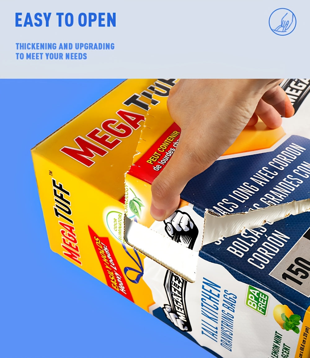150 Bags Boxed Disposable Non Tear Garbage Bag Puncture Tear Resistant Trash Bags, 50 Bags/Roll 13 Gallon Capacity, ODOR ELIMINATORTECHNOLOGY Kitchen Drawstring Garbage Bags Fresh Clean Scent with Lemon Mint Scent, EASY to USEDRAWSTRINGS MORE DURABLE