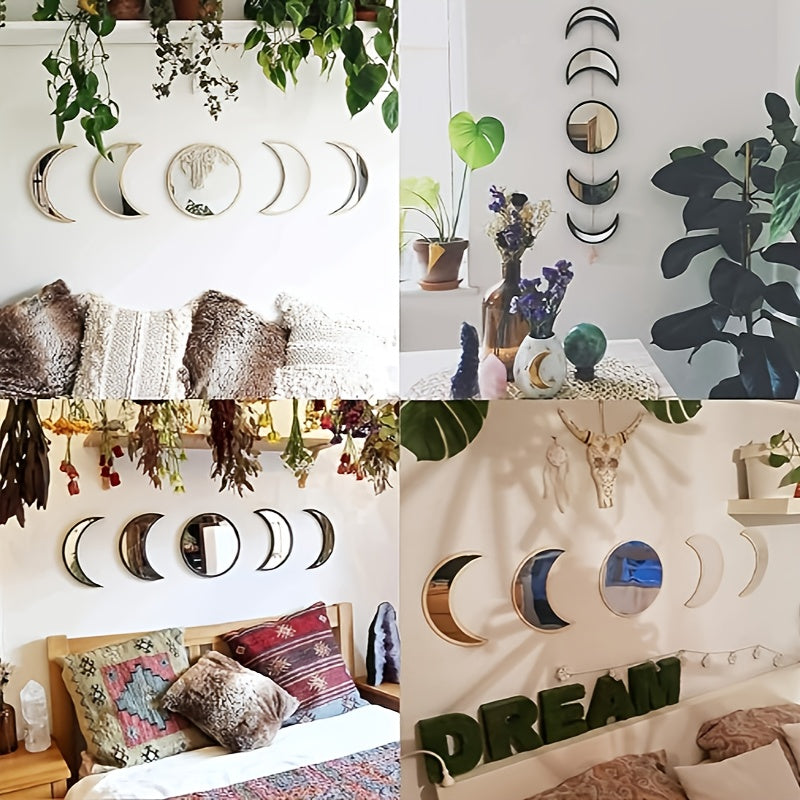Wall Decor Moon Phase Mirror Set, 5pcs Scandinavian Natural Acrylic Wall Decorative Bohemian Home Decor Mirror for Living Room Bedroom Apartment Flat