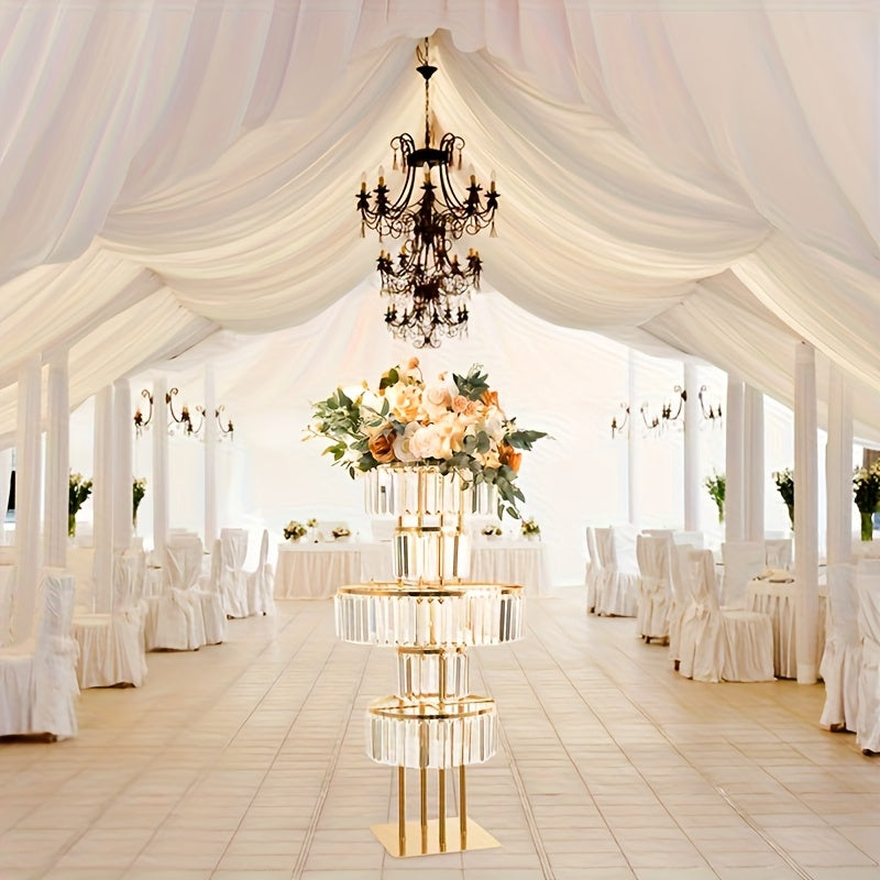 Wedding Golden Metal Vases Centerpieces Crystal Flower Stand with Hanging Crystals, 5 Tier Round Chandelier Pedestal Stand for Wedding Road Lead T Stage Flower Arrangement Decoration, Christmas And Halloween Decorations
