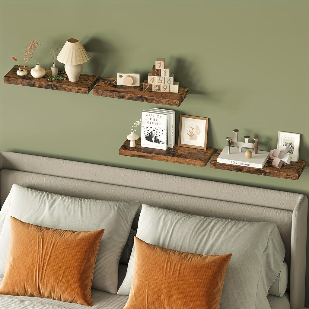4pcs 15.8in Floating Shelves for Wall, Brown Wall Mounted Shelf with Invisible Shelf Bracket, Wall Shelves for Bathroom, Living Room, Bedroom, Kitchen, Office Decor