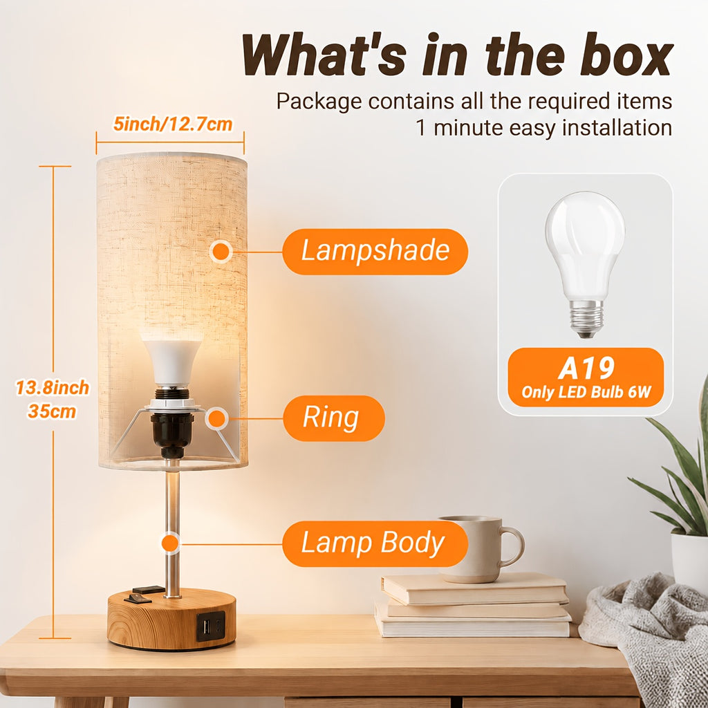 Dimmable Table Lamps with USB Charging Ports And AC Outlet, 3-Way Switch Control Bedside Nightstand Lamps, Wood/Metal Base, Modern Desk Lamps for Bedroom, Living Room, Office, Bulbs Included (1/2 Pack)
