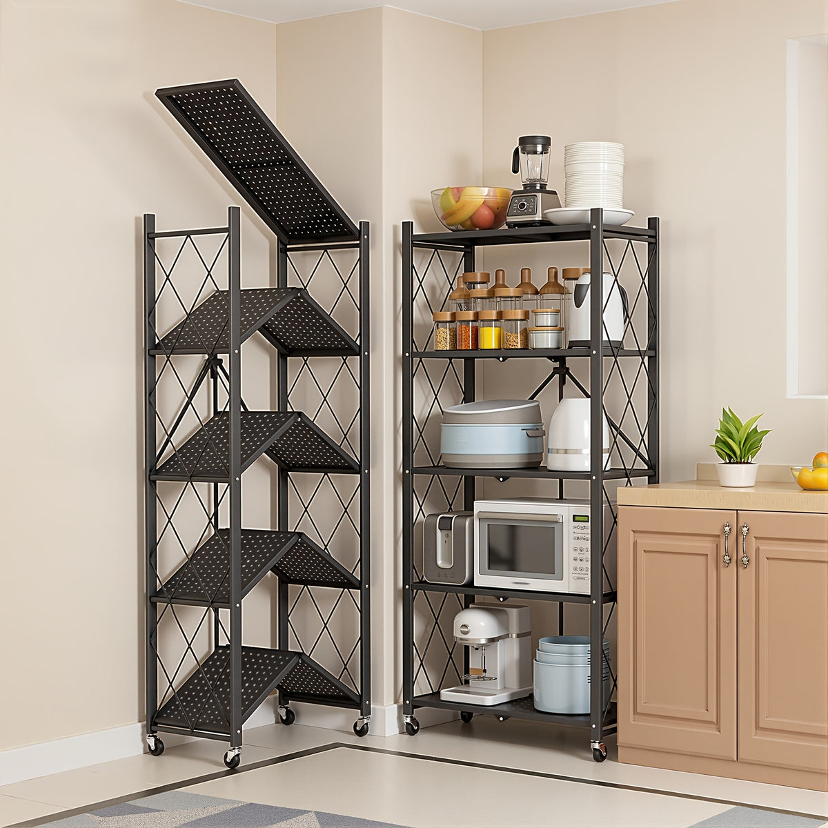 3/4/5-Tier Portable Multifunctional Storage Rack, Floor-Standing Storage Rack with Lockable Wheels, Space-Saving, No Assembly, Foldable Storage Shelf with Durable Carbon Steel Frame for Bedroom, Balcony, Garden, Standing Shelf