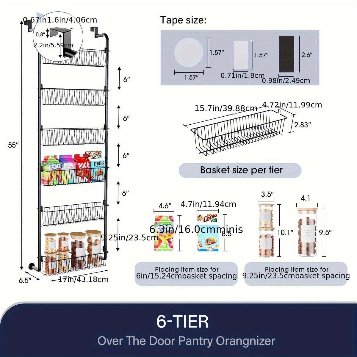 Metal Over Door Pantry Rack, 6 or 8 Tier Hanging Storage Organizer in Black or White for Spices, Packaged Foods, Bathroom Essentials and Laundry Supplies