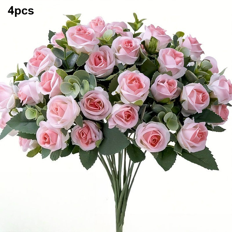 4 Bunches of Realistic Artificial Roses - Vibrant Pink, Red, White And Green Plastic Faux Flowers, Suitable for Valentine'S Day, Weddings, Home Decoration, Indoor/ Outdoor Flower Arrangements (No Maintenance Required)
