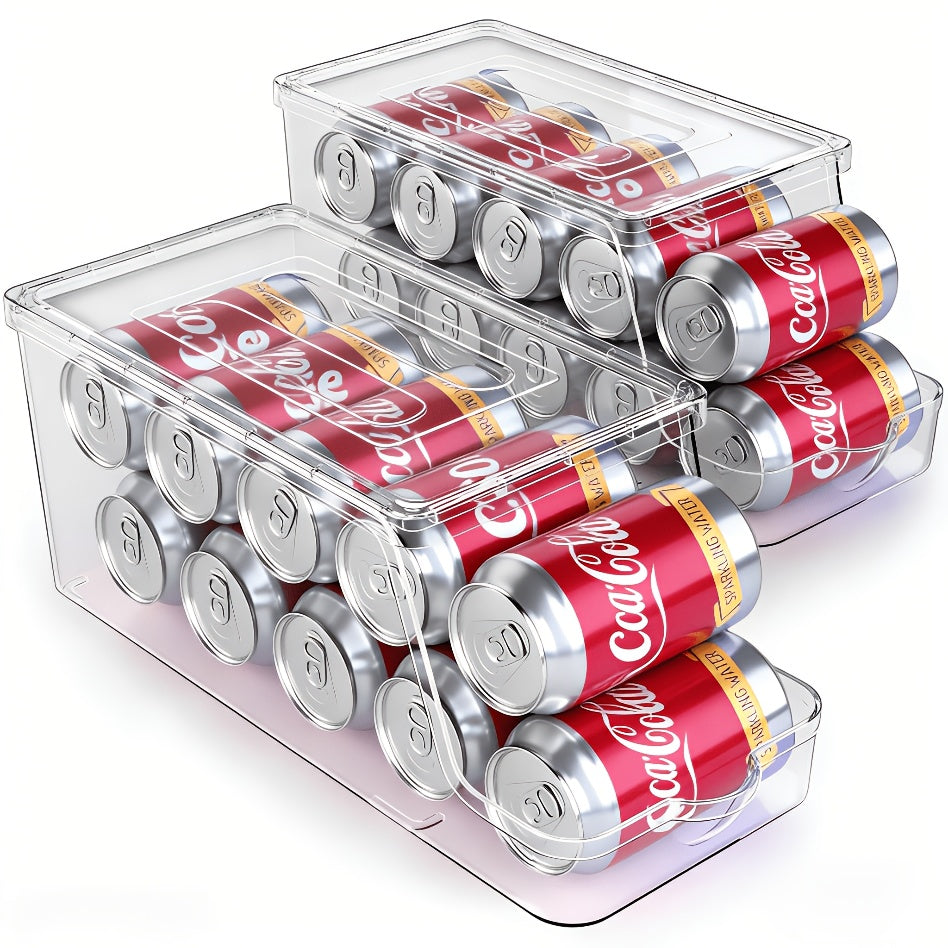 1/2 Pack Soda Can Organizer for Refrigerator Stackable Can Holder Dispenser with Lid for Fridge, Pantry, Freezer, Holds 9 Cans Each, Bpa-Free, Clear Design