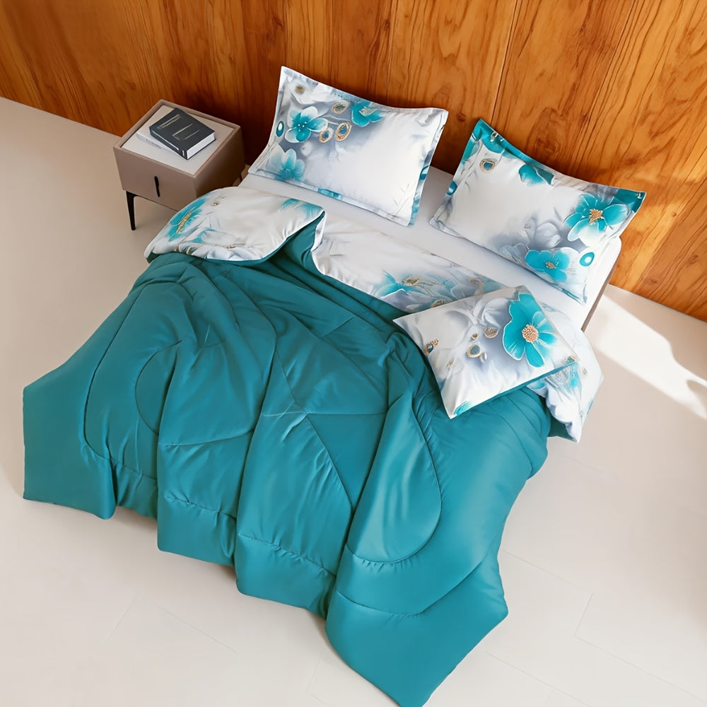 2/3pcs Teal Floral Bedding Comforter Set | Gradient Tones Oil Painting Style, Elegant Botanical Floral, Twin/Queen/King, Upgraded Luxury Quilt Set for All-Season, Bed in A Bag, Home Decor, Soft, Lightweight, Breathable, Microfiber, Ideal Family Gift