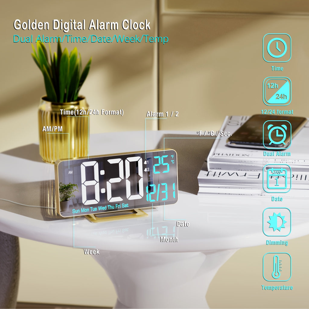 1pc Komugi Large 6.7" Golden Digital Alarm Clock with Dual Alarm, Dimmable LED Display, Temperature/Humidity-like (No Hygrometer), Date/Day of Week, USB-Powered Modern Desk Clock for Bedside, Living Room, Office - LCD Screen