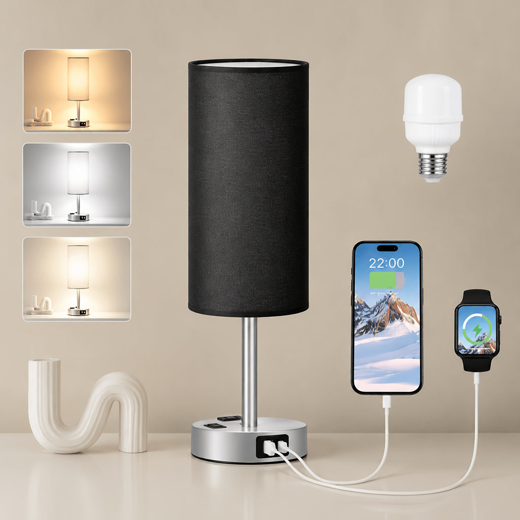 Dimmable Table Lamps with USB Charging Ports And AC Outlet, 3-Way Switch Control Bedside Nightstand Lamps, Wood/Metal Base, Modern Desk Lamps for Bedroom, Living Room, Office, Bulbs Included (1/2 Pack)