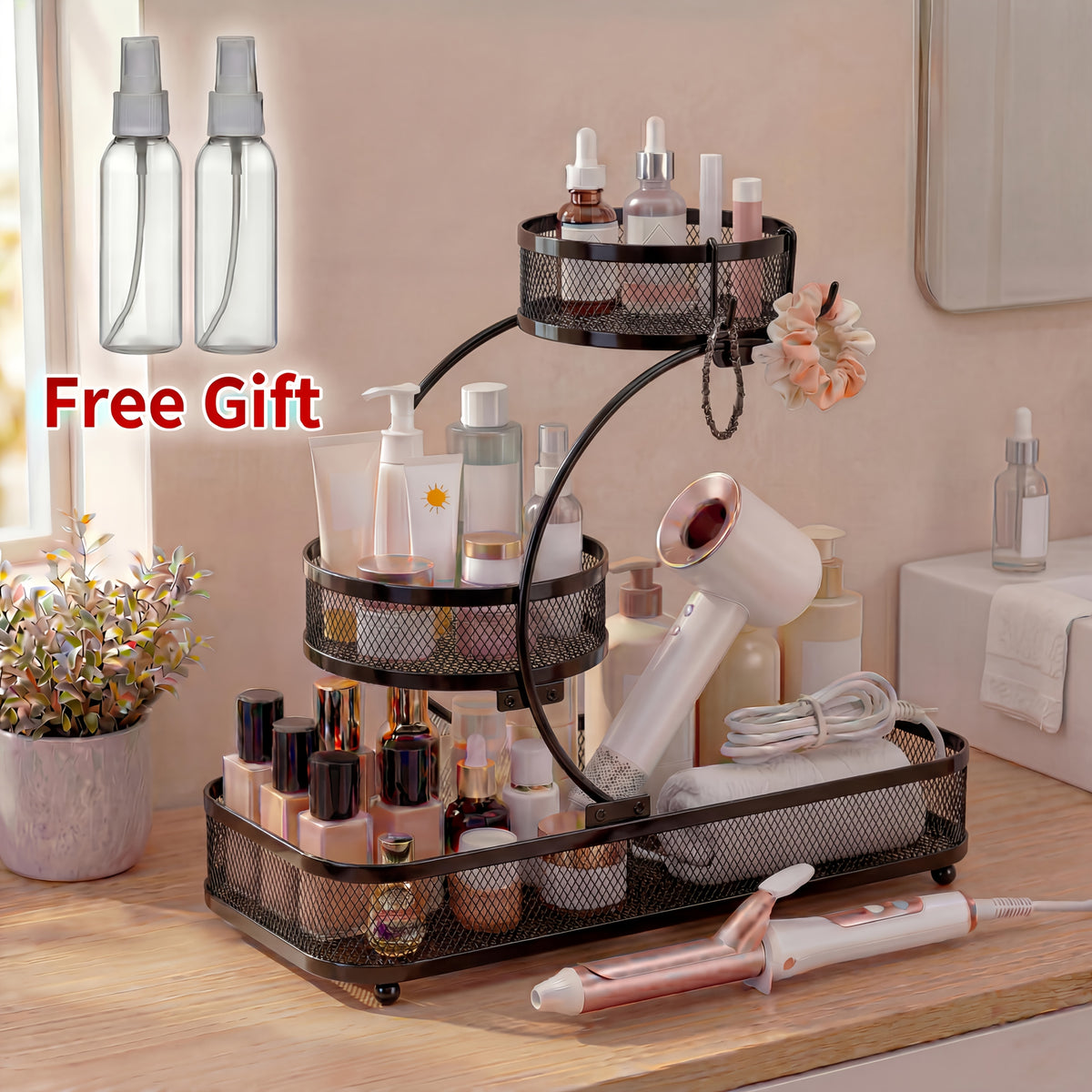 3-Tier Black Metal Mesh Storage Rack with Hooks Space-Saving Countertop Organizer for Kitchen, Bathroom Room Decor | Heavy-Duty Cosmetic Perfume Toiletry Display Stand, Shelf Baskets