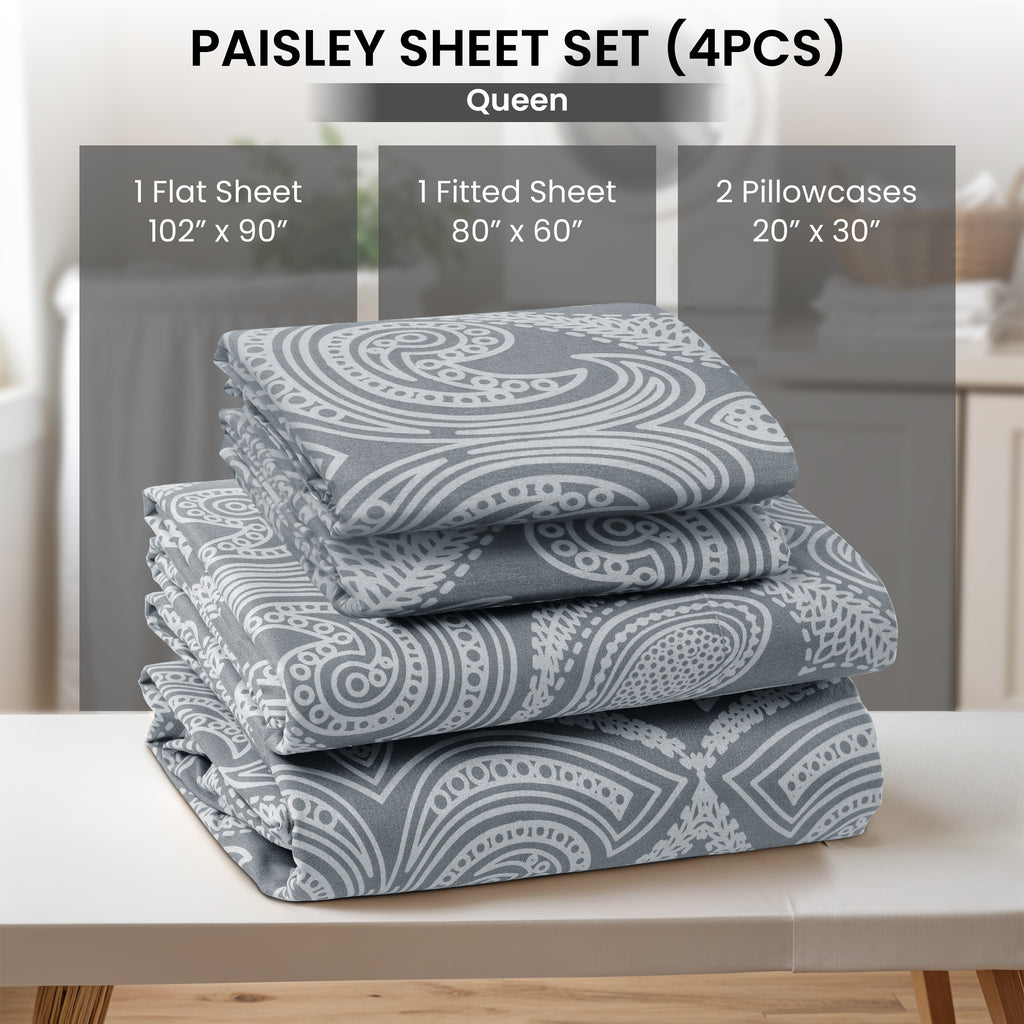 Paisley Bed Sheet Set, Soft Double Brushed Microfiber Bedding with 16-Inch Deep Pocket Fitted Sheet and Pillowcases in Six Sizes for Bedroom Comfort