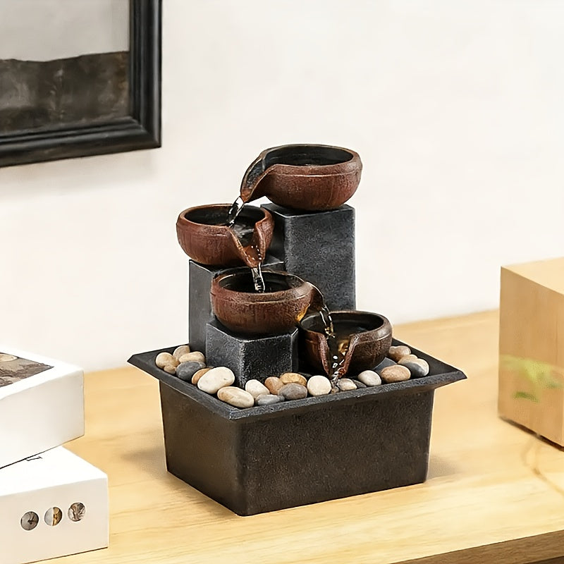 New Desktop Fountain, 4-Level Desktop Waterfall, Meditation Fountain, Indoor Fountain, Office And Home Relaxation, Desktop Fountain Pool, LED Lights, Fixed Decorative Bubble Balls (With Natural River Stone Decoration Included)